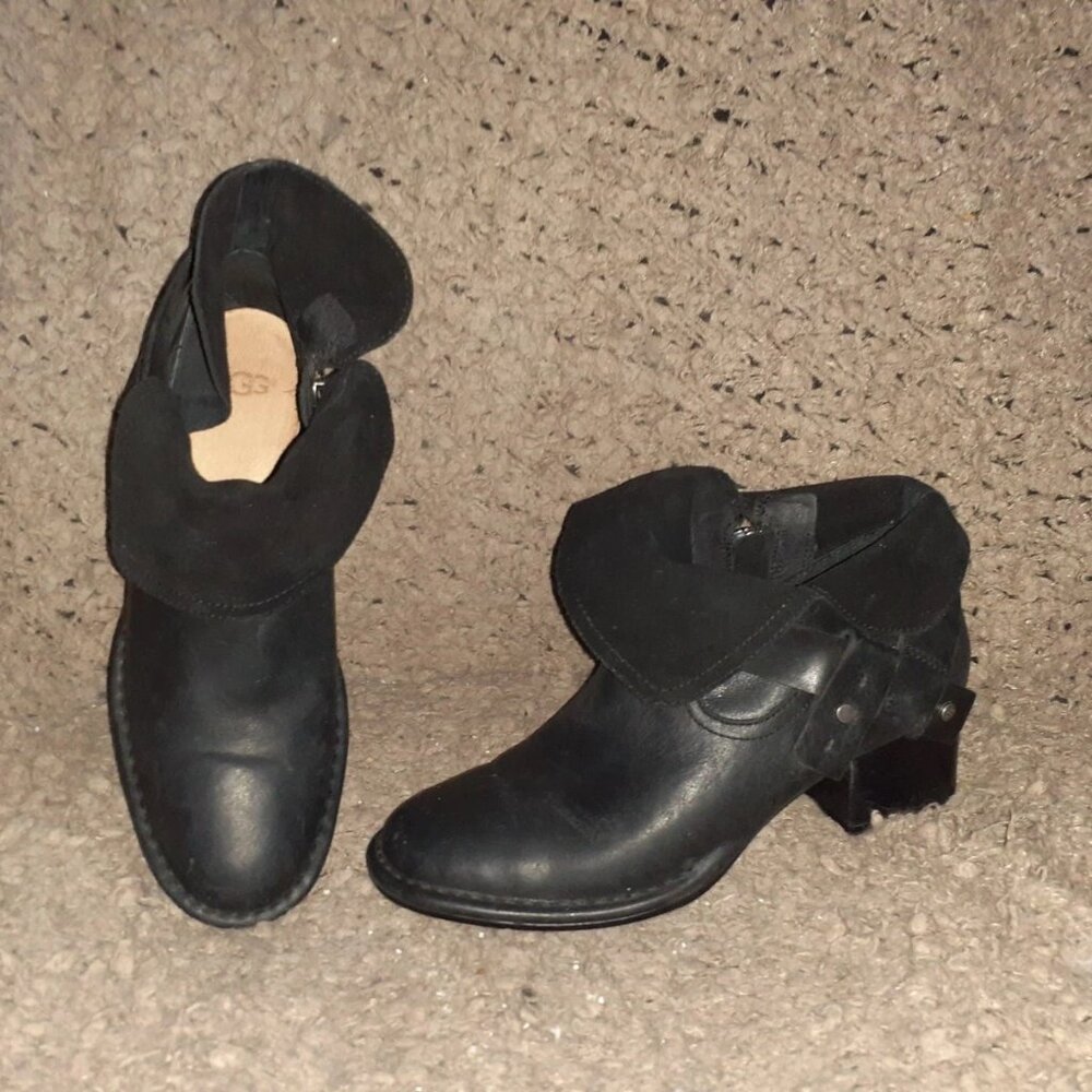 UGG-Elysian 1095792-Black Leather Ankle Boots-Side Zip-SZ 6.5-Excellent